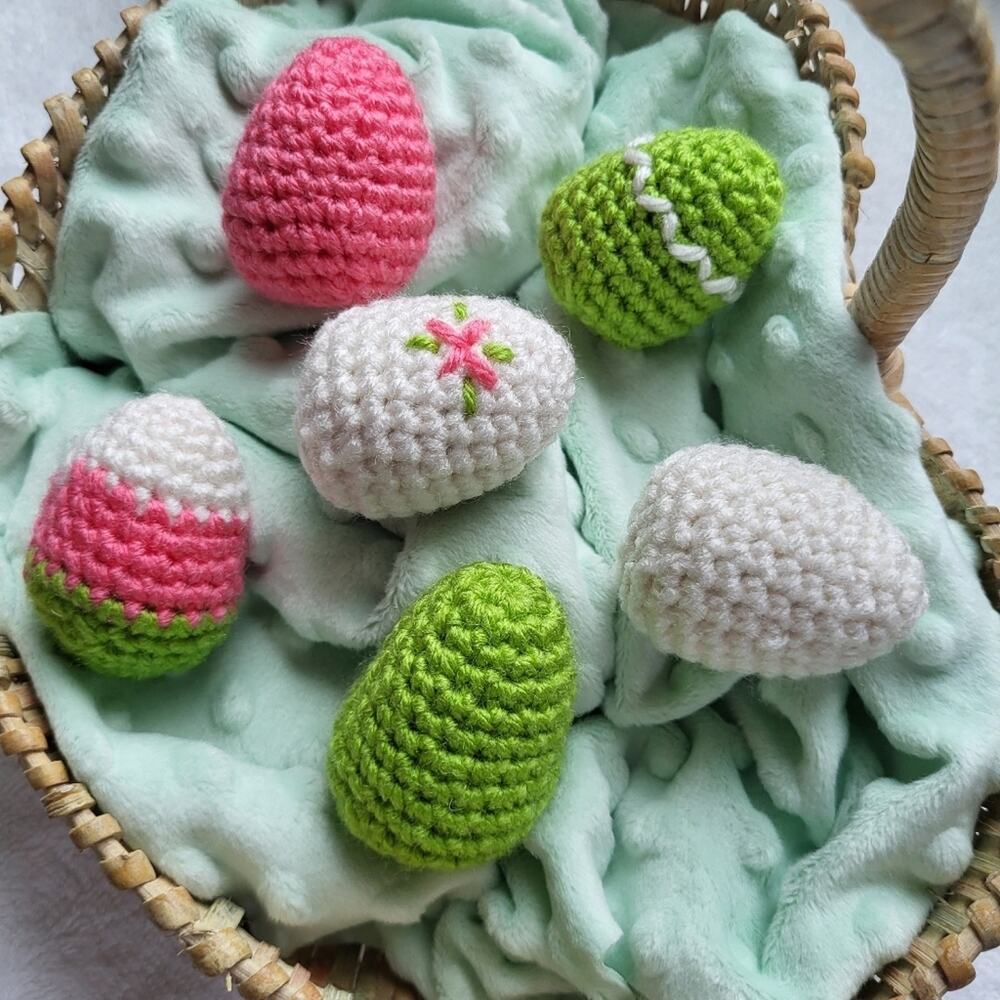 Crochet Eggs - Coral Lime White - Set of Six - Handmade - Picture 2 of 6